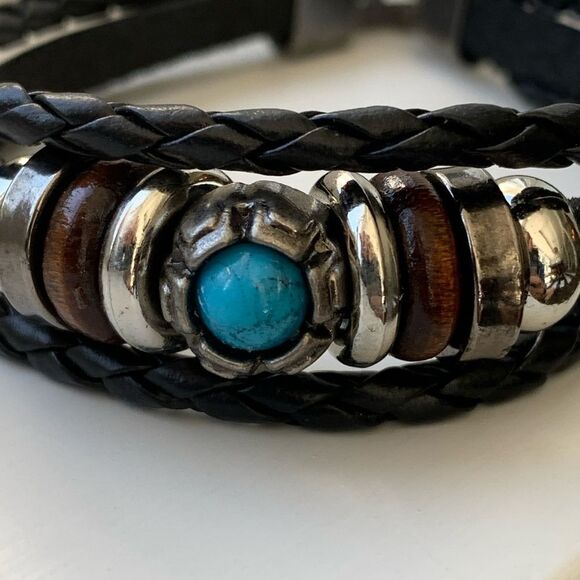 Men’s Black Ibiza Vegan Leather Multi-Strand Cuff Bracelet with Faux Turquoise - Picture 4 of 11